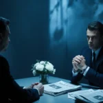 Detective sits across from Nick Reiner with cuffs and a stack of newspapers beside a bouquet of white flowers.