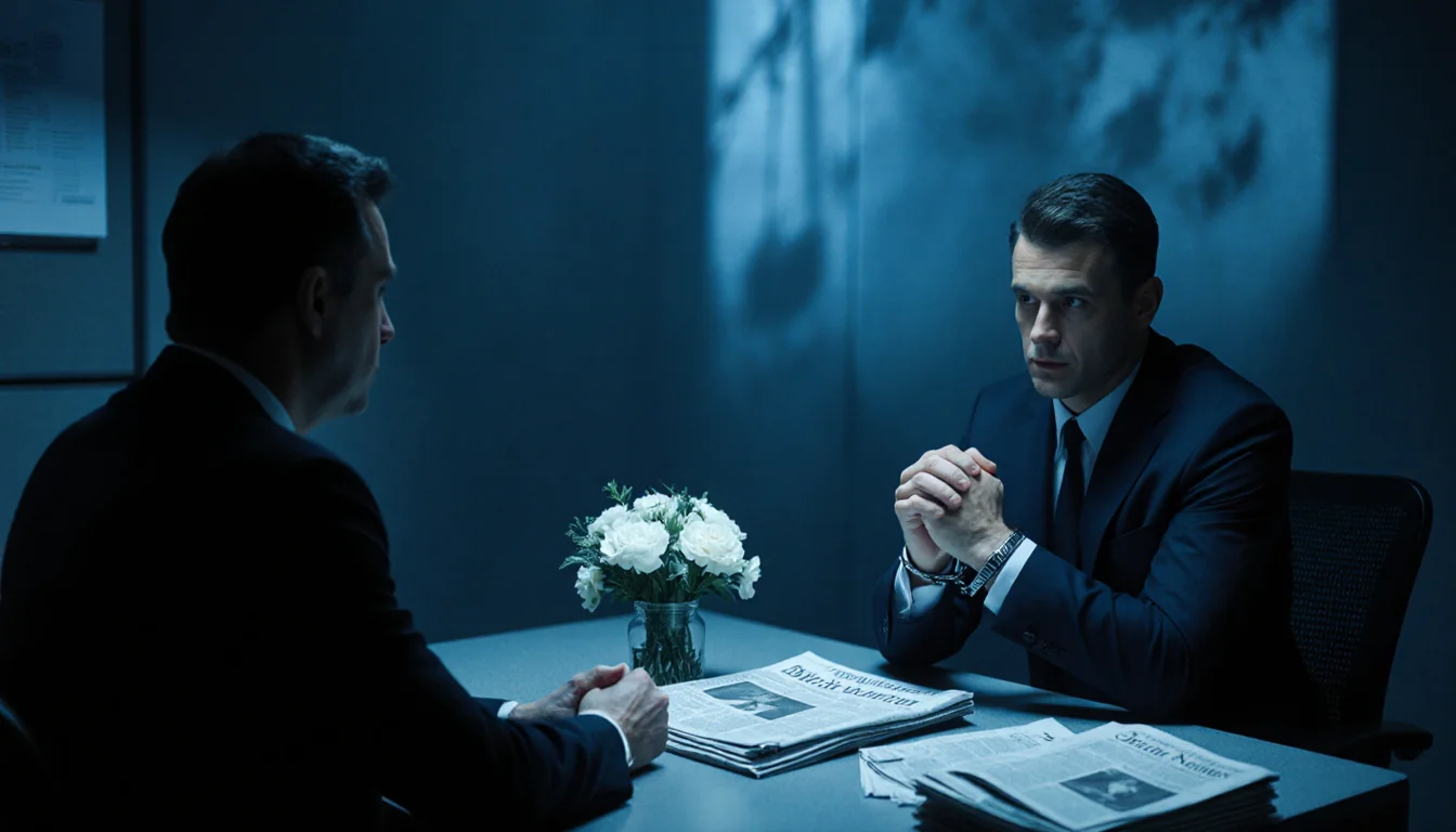 Detective sits across from Nick Reiner with cuffs and a stack of newspapers beside a bouquet of white flowers.