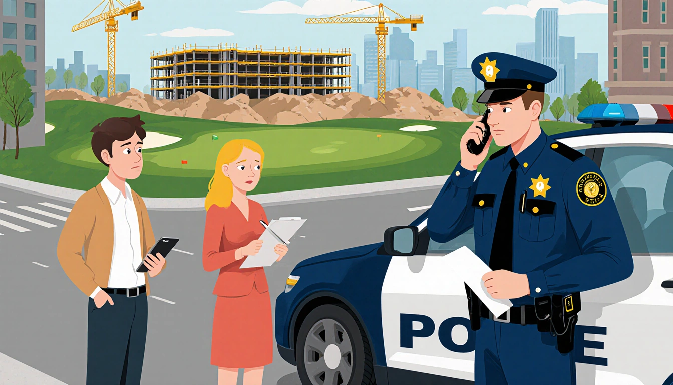 Two people looking at each other near a police car with construction site and golf course in background.