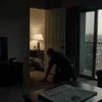 Police officer crouches beside a body in a lit living room with a TV glow and a newspaper headline Fort Worth Tragedy