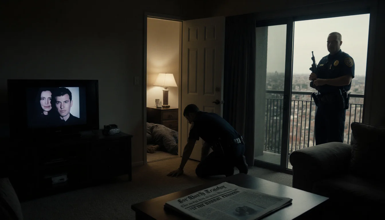 Police officer crouches beside a body in a lit living room with a TV glow and a newspaper headline Fort Worth Tragedy