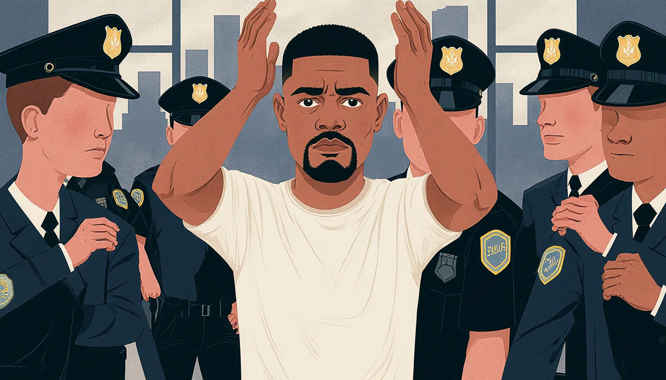 Person in mid-stride raising hands with police officers surrounding during a manhunt and blurred cityscape in background.