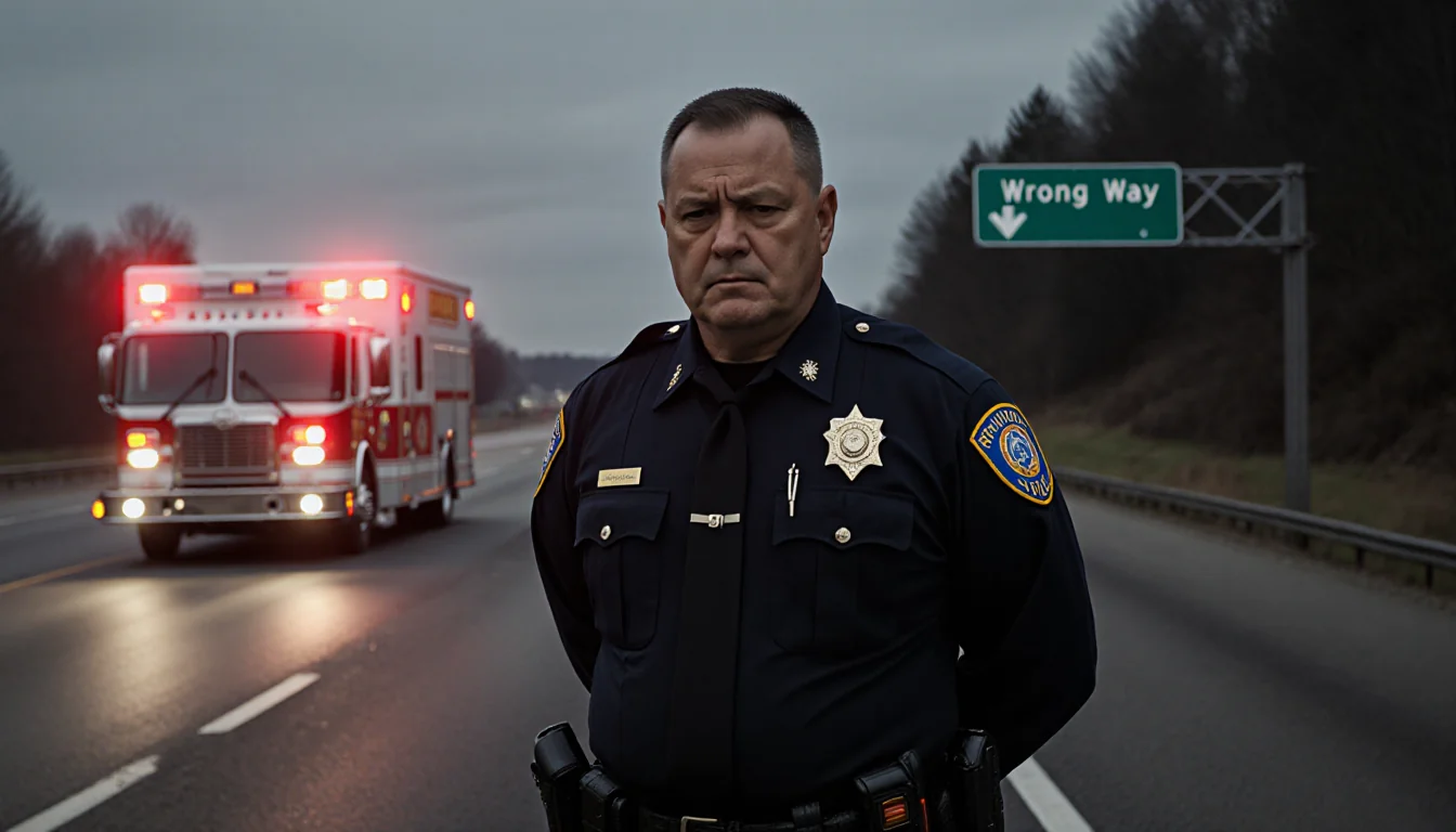 Police officer standing beside ambulance with flashing lights and fire truck on roadside showing tragedy