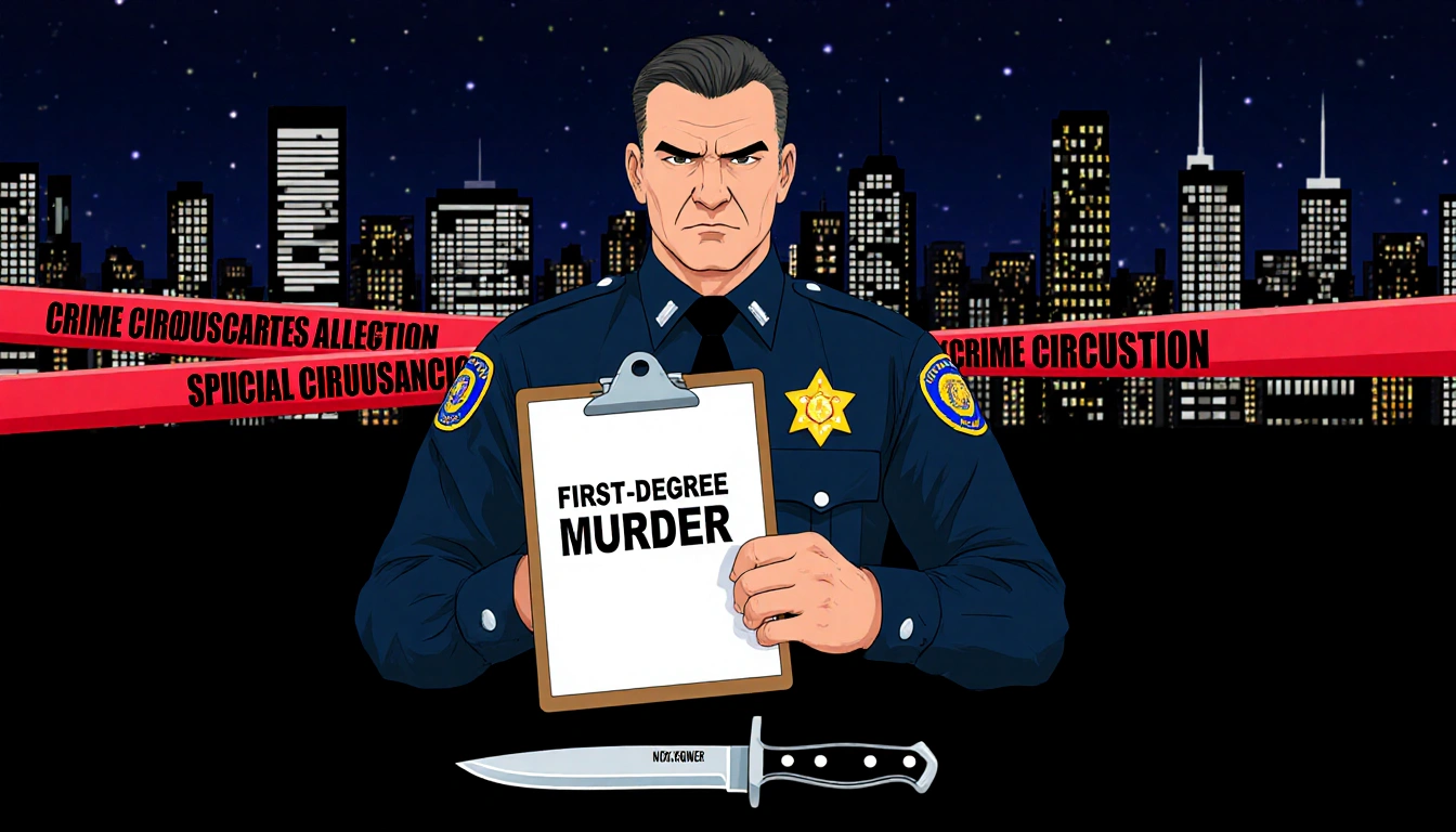 Police officer holding clipboard with First-Degree Murder standing before night skyline red crime scene tape knife on ground.