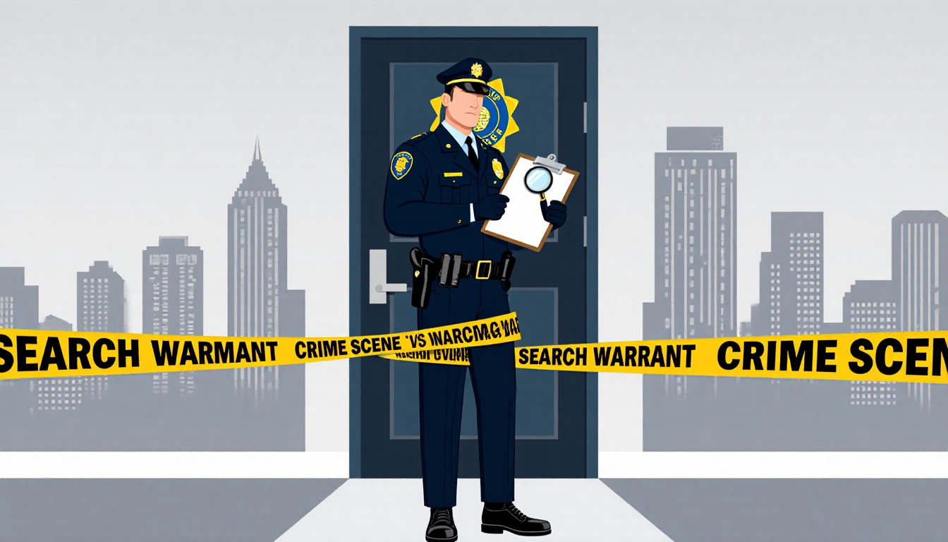 Police officer standing at a door with an LAPD badge a warrant clipboard with crime scene tape with Los Angeles skyline