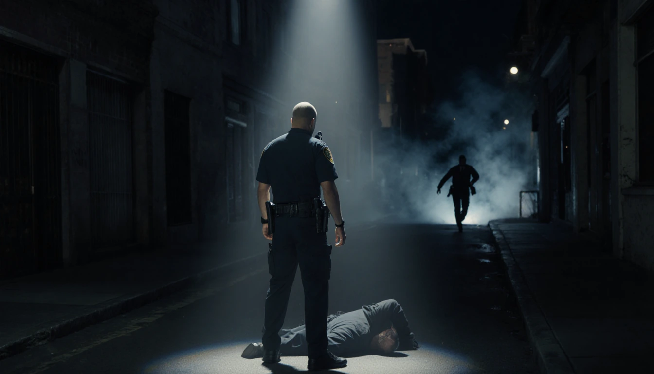 Police officer standing over a prone figure with spotlight illumination and smoke rising from a distant gunfight