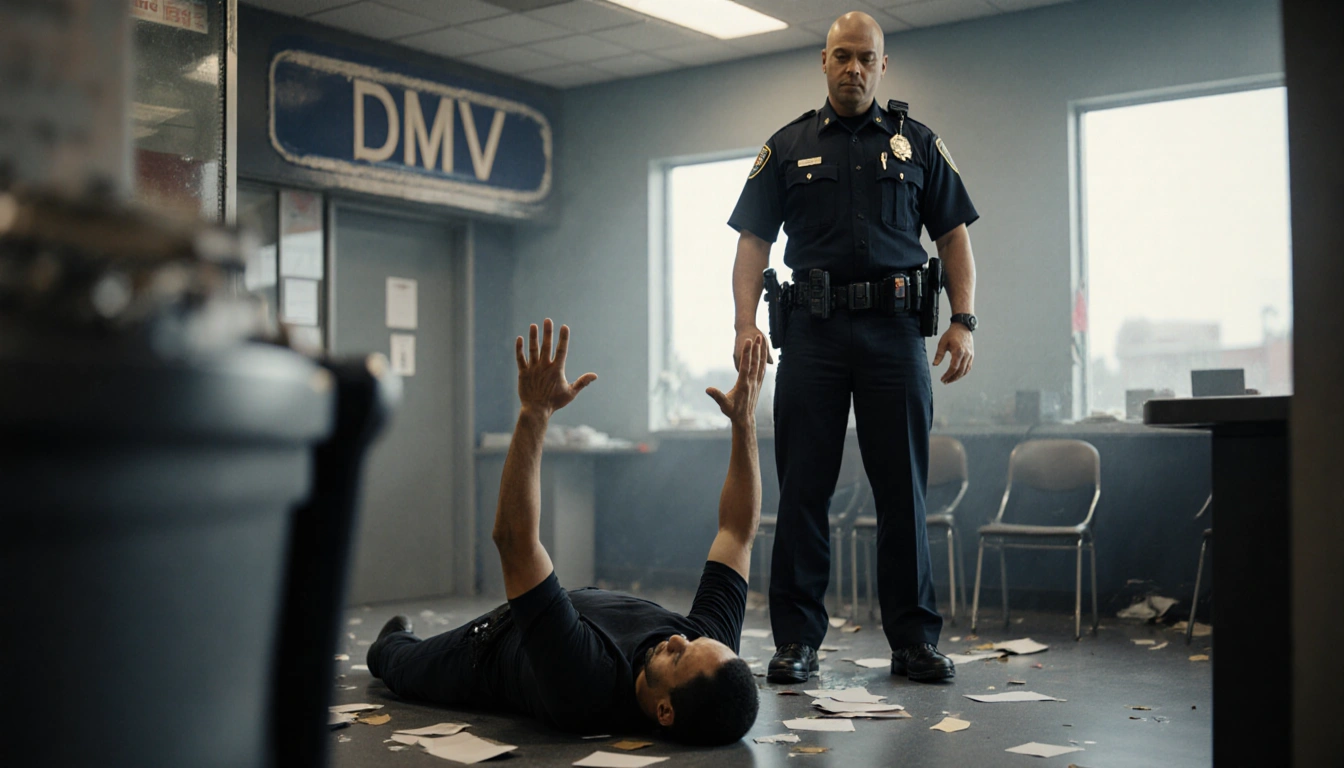 Police officer stands with gun holster beside suspect lying on ground with hands raised with DMV window and scattered papers