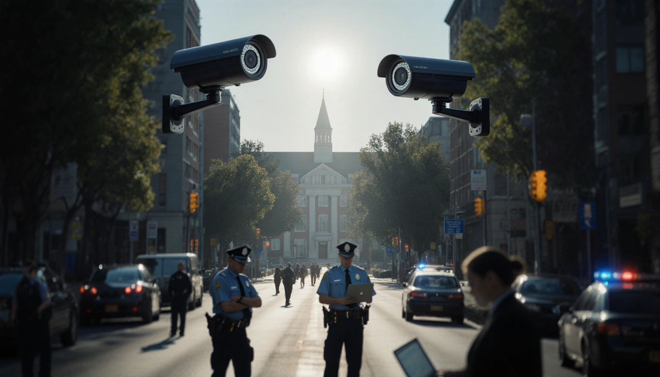 Police officers examining surveillance footage on laptops with a search light and blurred campus in background
