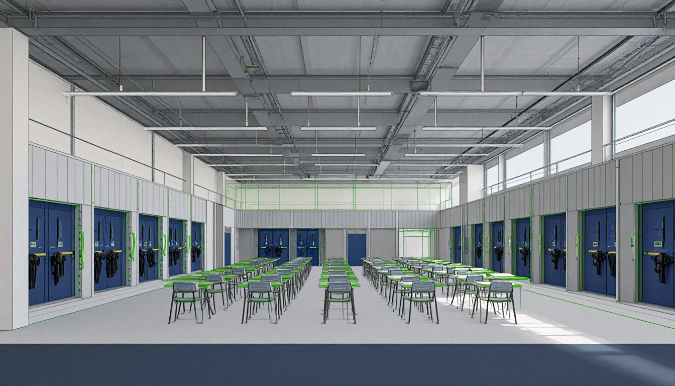 Police training academy expanding with modular classrooms and reinforced walls in gray and blue tones