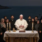 Pope Leo XIV speaking at ornate altar with candles and Bible and faces showing solidarity from Gaza and Yemen in background