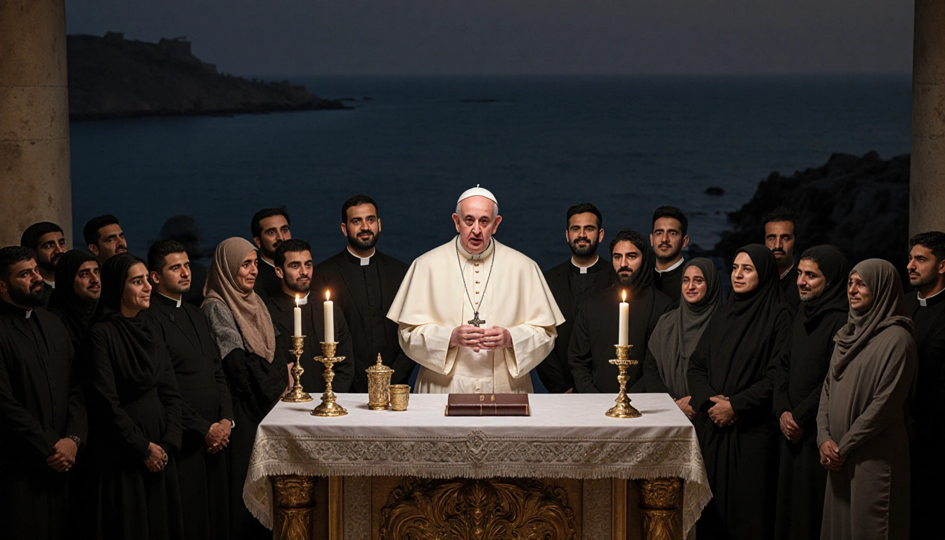 Pope Leo XIV speaking at ornate altar with candles and Bible and faces showing solidarity from Gaza and Yemen in background