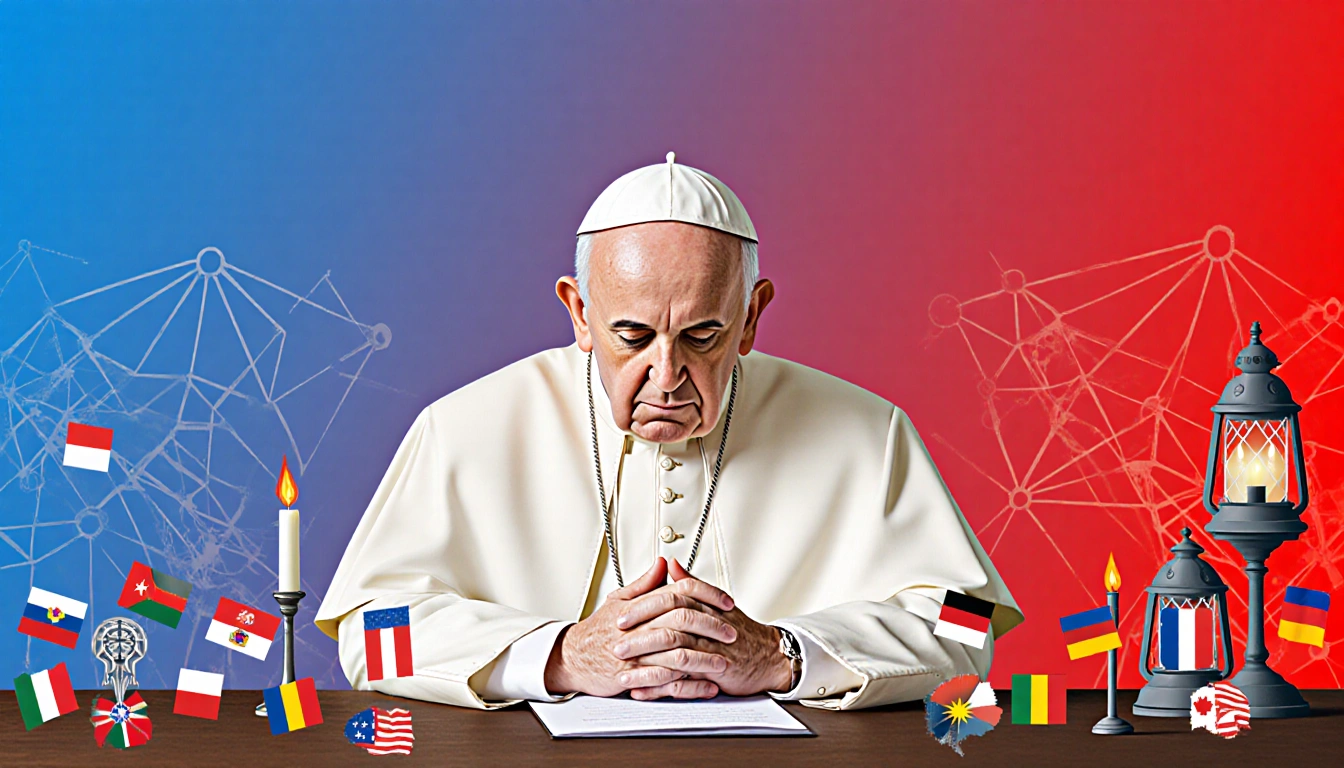 Pope Leo XIV praying at desk with gradient blue to red background and global unity flags candles lanterns