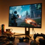 Portable gaming monitor sits atop a cluttered desk with a vibrant game image and USB‑C cable connected to a sleek laptop.