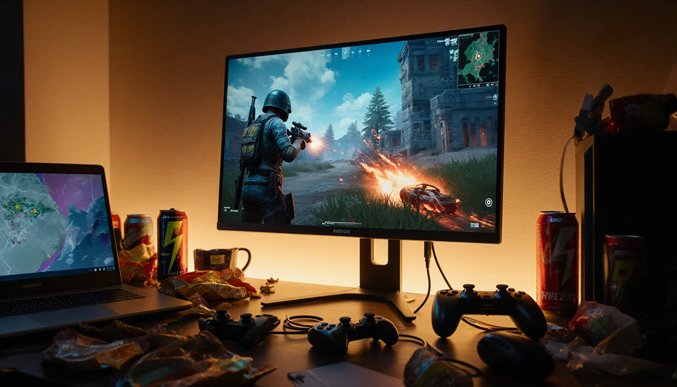 Portable gaming monitor sits atop a cluttered desk with a vibrant game image and USB‑C cable connected to a sleek laptop.