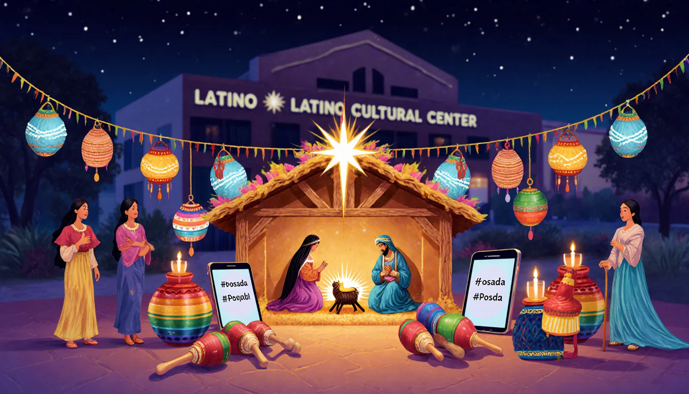 Posada celebration's ornate nativity scene glowing with colorful lanterns and LED candles surrounded by maracas and piñatas
