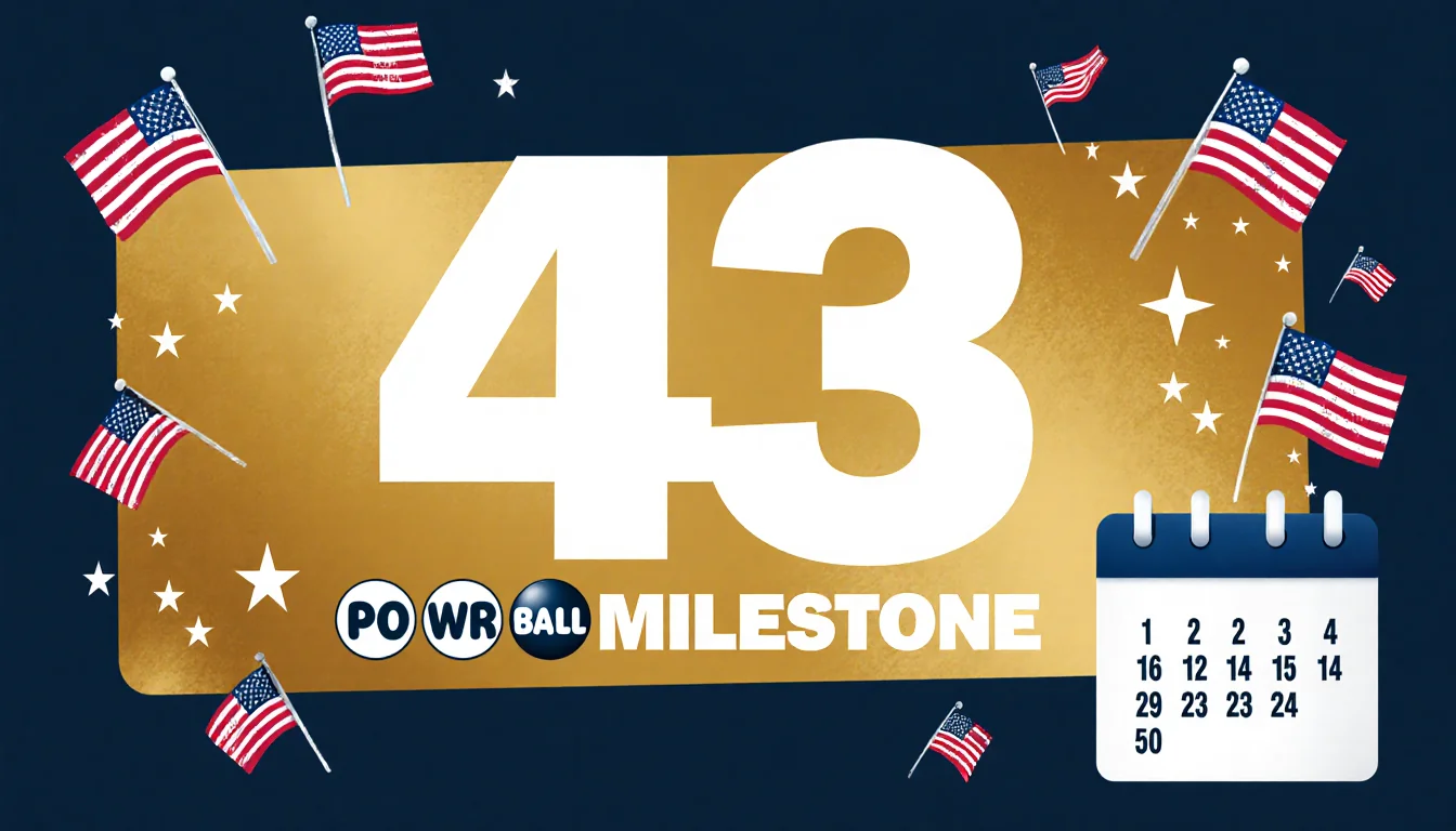Banner celebrates Powerball jackpot with gold background and white 43 fluttering flags and hand‑drawn calendar counting days