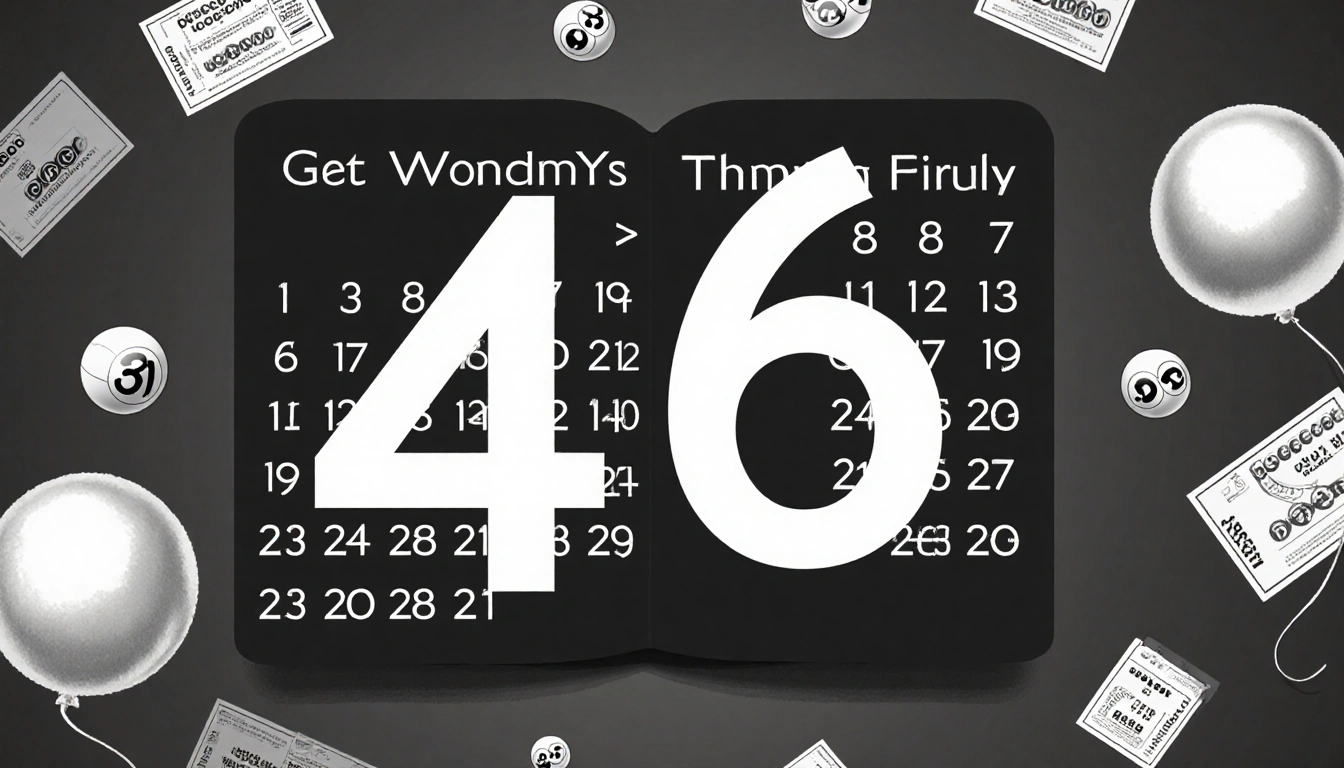 Calendar spread depicting 46 Powerball drawings with bold 46 and scattered tickets and balloons.