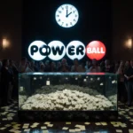 Powerball display case shows millions of cash and a bright logo with a digital clock at 10:59 p.m. in a crowded room
