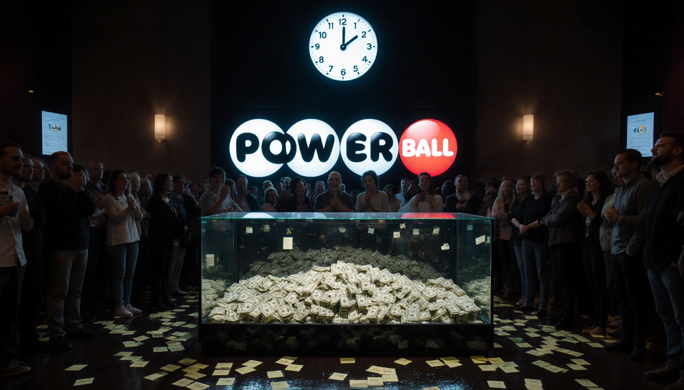 Powerball display case shows millions of cash and a bright logo with a digital clock at 10:59 p.m. in a crowded room