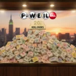 Powerball ticket display case showing overflowing jackpot counter with warm light on wood paneling and cityscape background