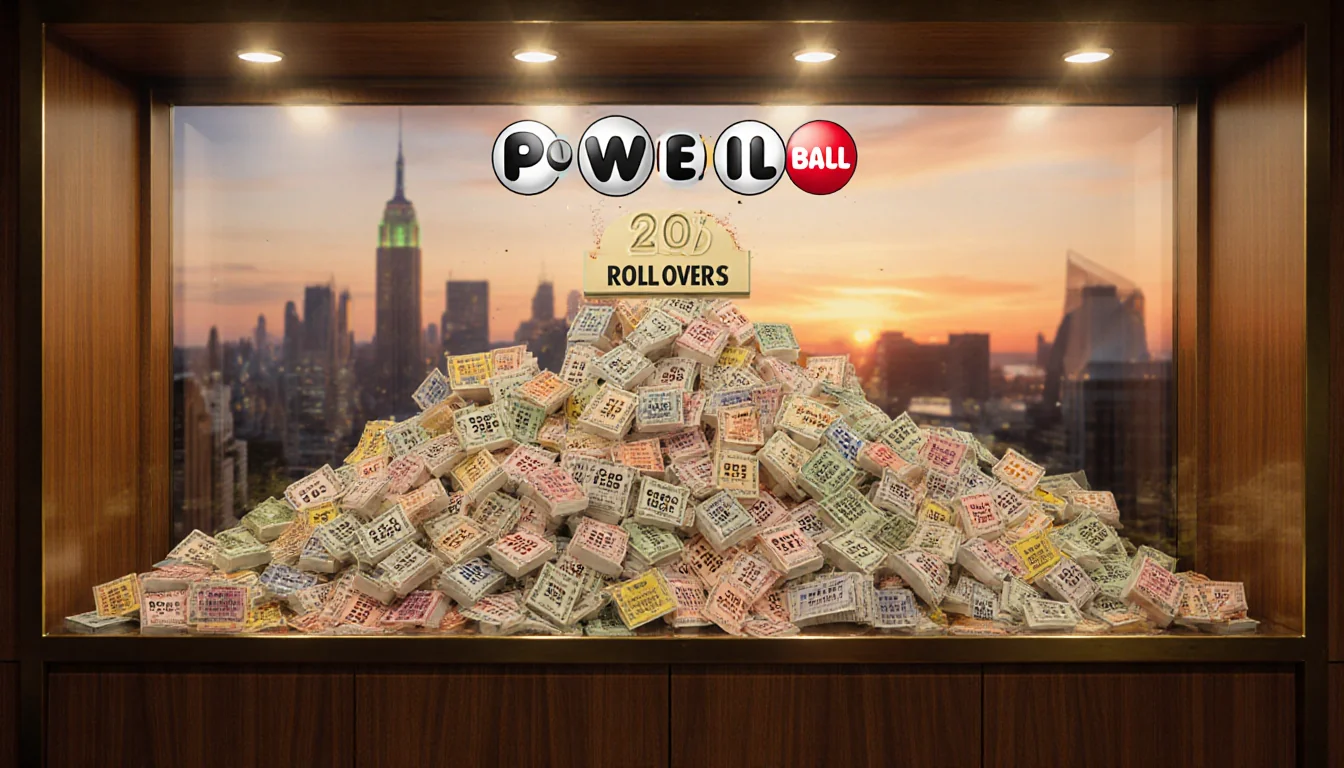 Powerball ticket display case showing overflowing jackpot counter with warm light on wood paneling and cityscape background