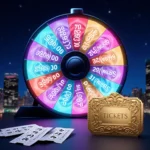 Giant Powerball jackpot wheel glowing with numbers against blue night sky with city lights and tickets.