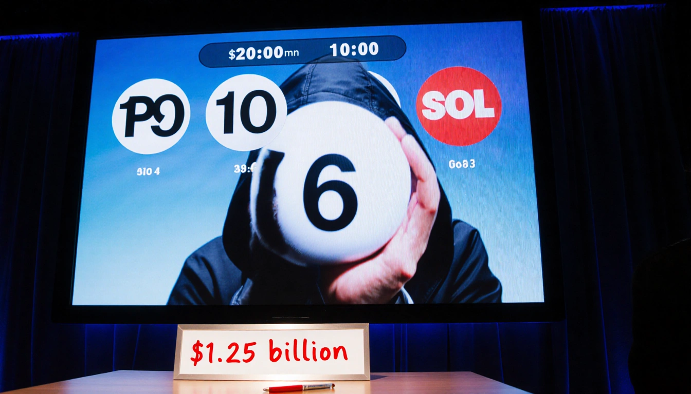 Drawing master holding white Powerball with live stream screen timer above and $1.25 billion jackpot on table