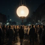 Crowd looking up at glowing Powerball with wet pavement reflecting city lights