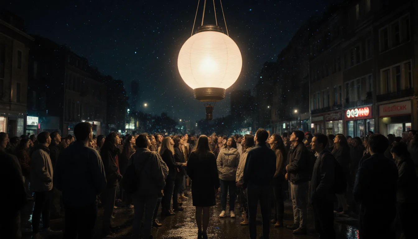 Crowd looking up at glowing Powerball with wet pavement reflecting city lights