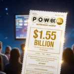 White Powerball ticket shines with $1.5 billion jackpot on blue backdrop and a blurred crowd watching TV