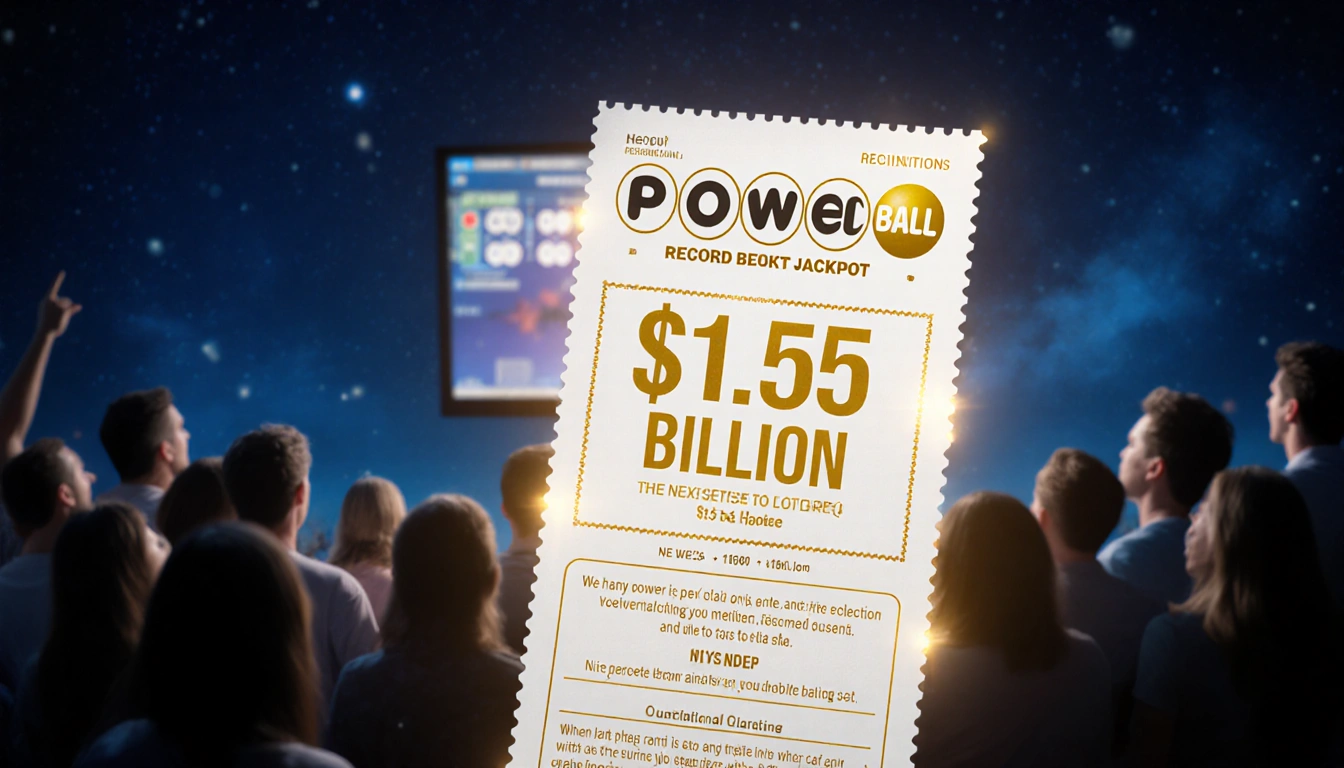 White Powerball ticket shines with $1.5 billion jackpot on blue backdrop and a blurred crowd watching TV