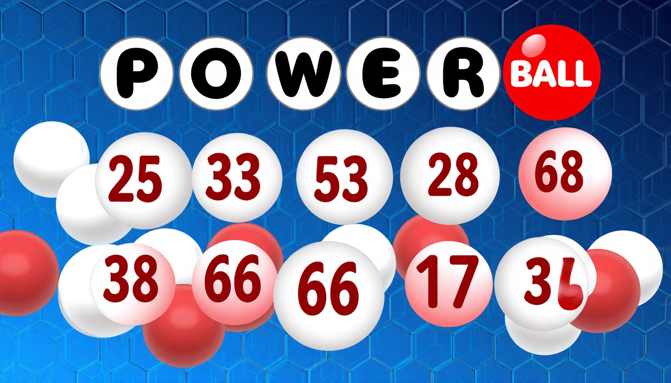 Lottery screen showing winning numbers with bold red numbers and background of white and red balls.