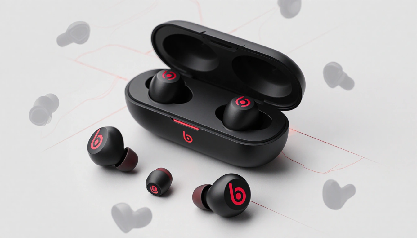 Four Powerbeats Fit Earbud tips shown with a sleek 30-hour case behind and soft noise-cancel lines around them.