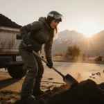 Pregnant freestyle skier shoveling dirt from driveway with sunrise glow and warm light
