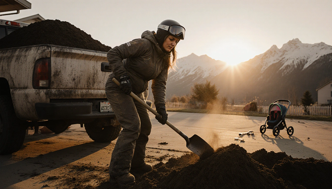 Pregnant freestyle skier shoveling dirt from driveway with sunrise glow and warm light