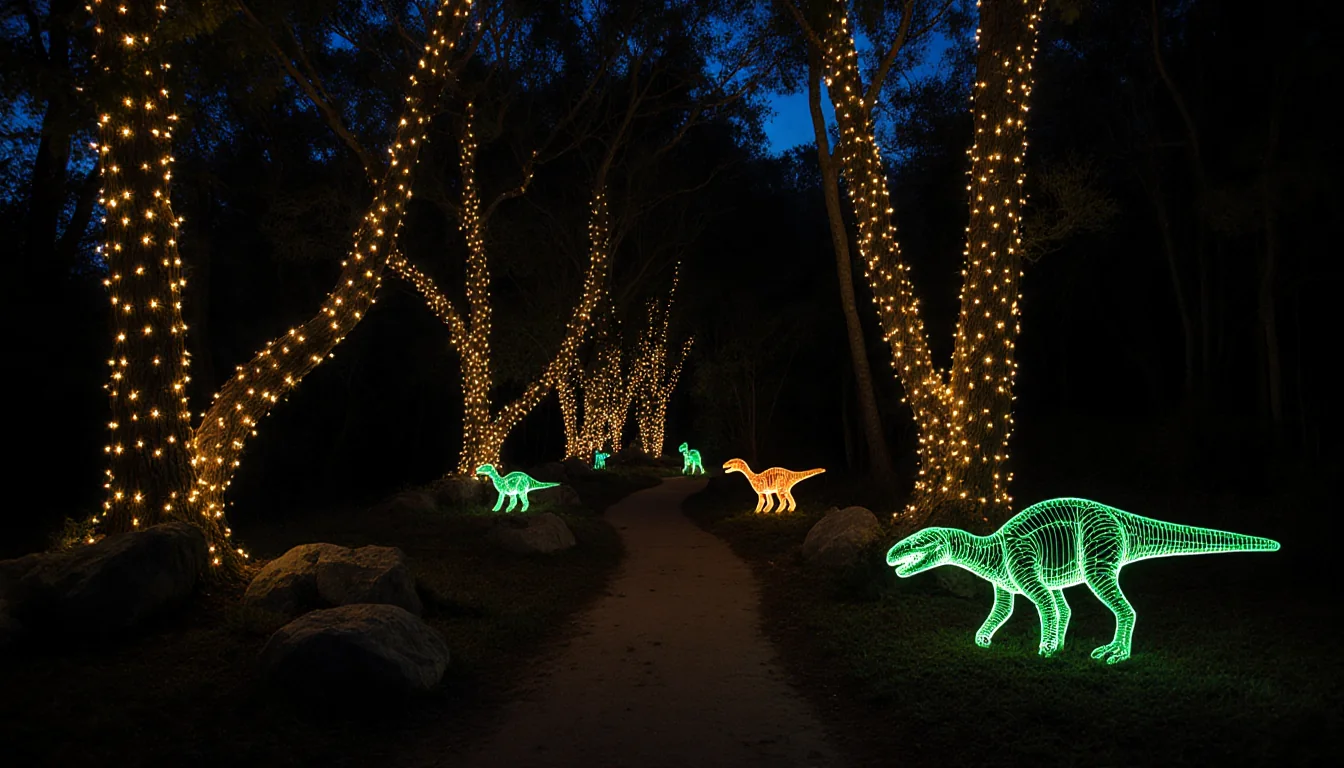 Twinkling lights guide a path through forest at dusk with glowing dinosaur sculptures and holiday decorations