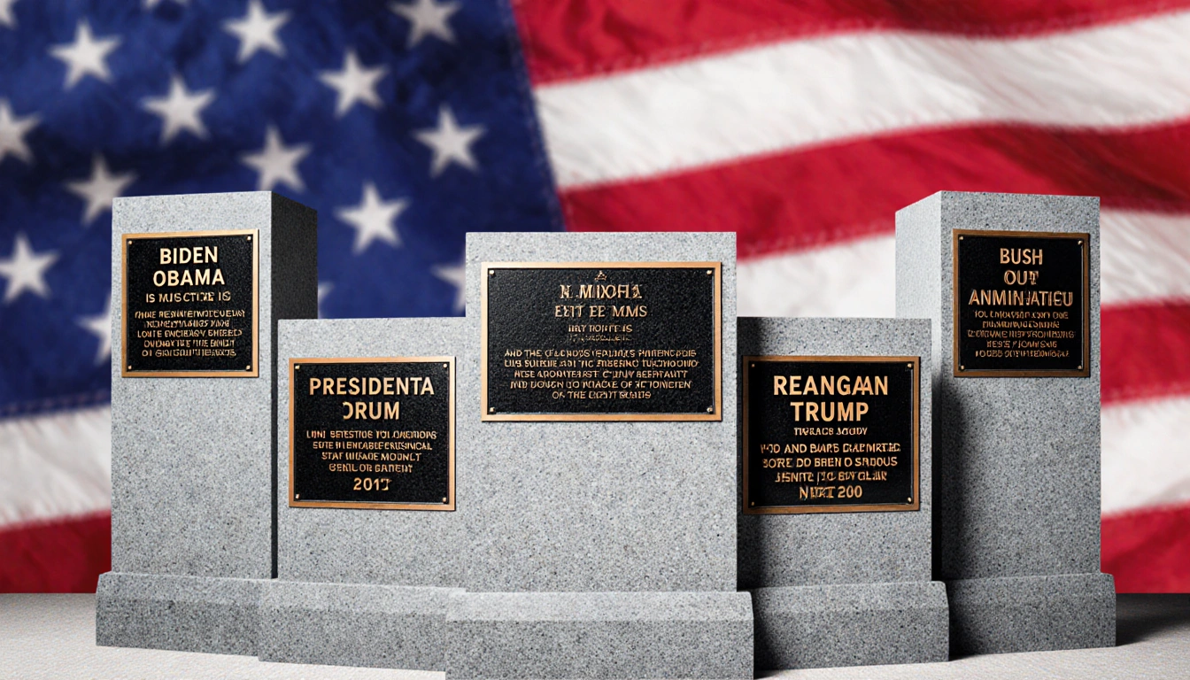 Presidential plaques on stone pedestals in semicircle with Biden top and Obama bottom left blurred American flag backdrop