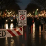 Residents strolling down Deloache Avenue with lights and a City of Dallas permit banner reflecting light near Christmas house
