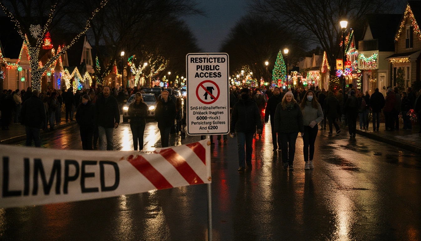Residents strolling down Deloache Avenue with lights and a City of Dallas permit banner reflecting light near Christmas house