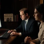 Prince Andrew reading an email at a leather desk with a dim glow and a newspaper headline about Epstein in the background