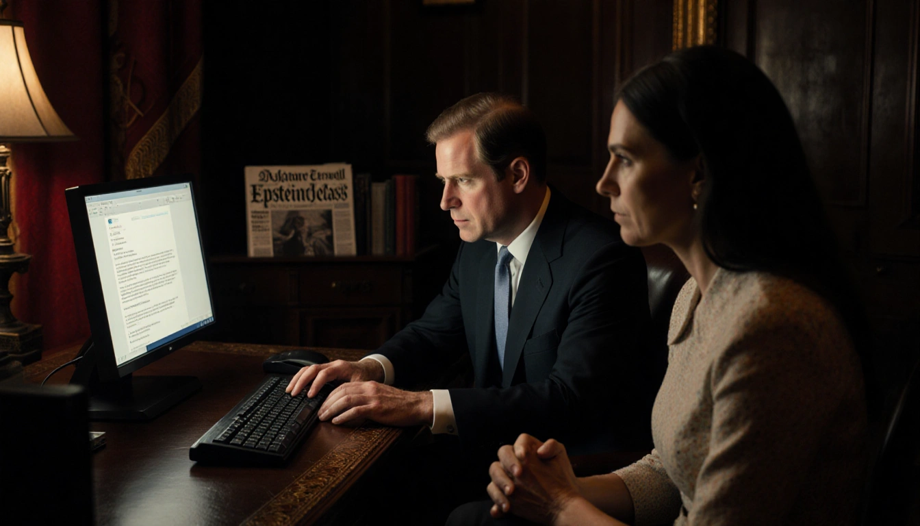 Prince Andrew reading an email at a leather desk with a dim glow and a newspaper headline about Epstein in the background
