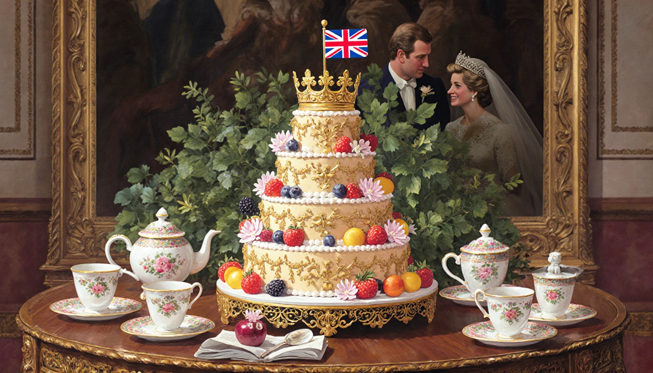 Tiered fruitcake sits on ornate wooden table with golden accents and flowers and Union Jack flag, evoking royal nostalgia.