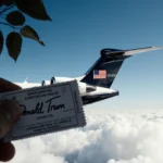 Private jet soaring through clouds with flag in the distance and faint Trump signature on boarding pass near tree branch