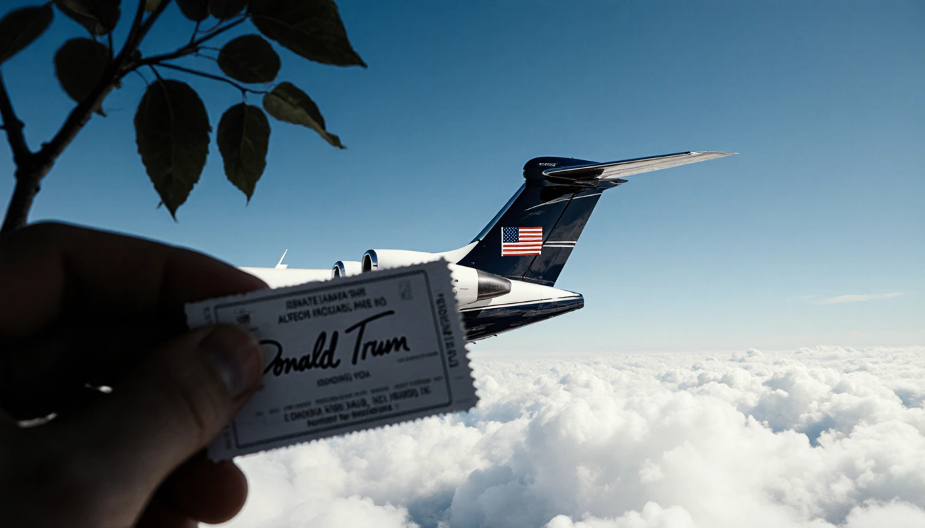 Private jet soaring through clouds with flag in the distance and faint Trump signature on boarding pass near tree branch