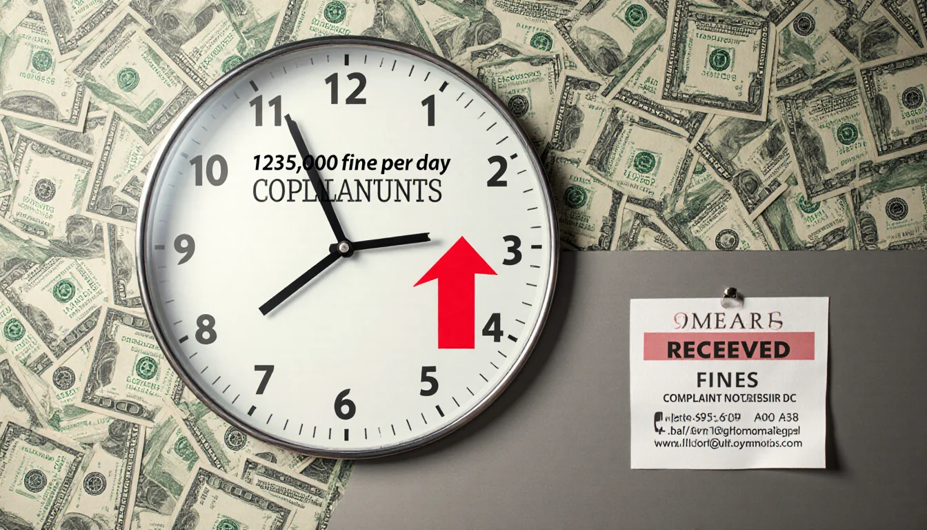 Large clock ticks loudly in a public restroom with dollar bill texture and a red arrow showing a $125,000 fine.
