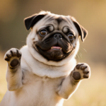 Pug dog sitting upright on hind legs with front paws raised in golden light and smiling