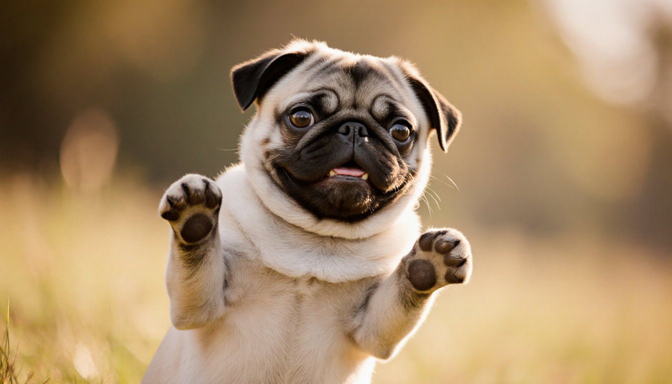 Pug dog sitting upright on hind legs with front paws raised in golden light and smiling