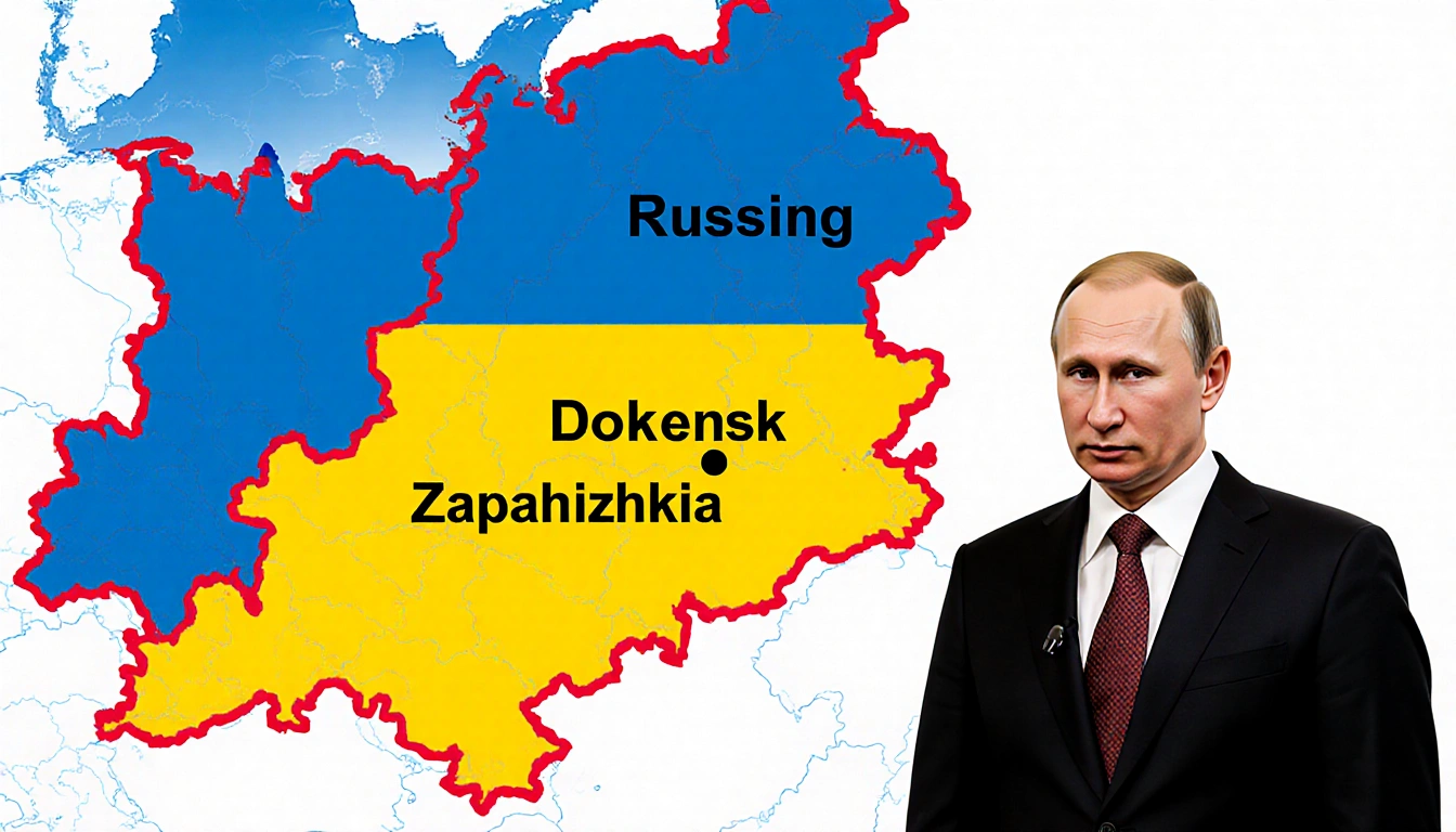 Vladimir Putin standing in front of Eastern Europe map with red border marker around Russia and Donetsk and Zaporizhzhia.