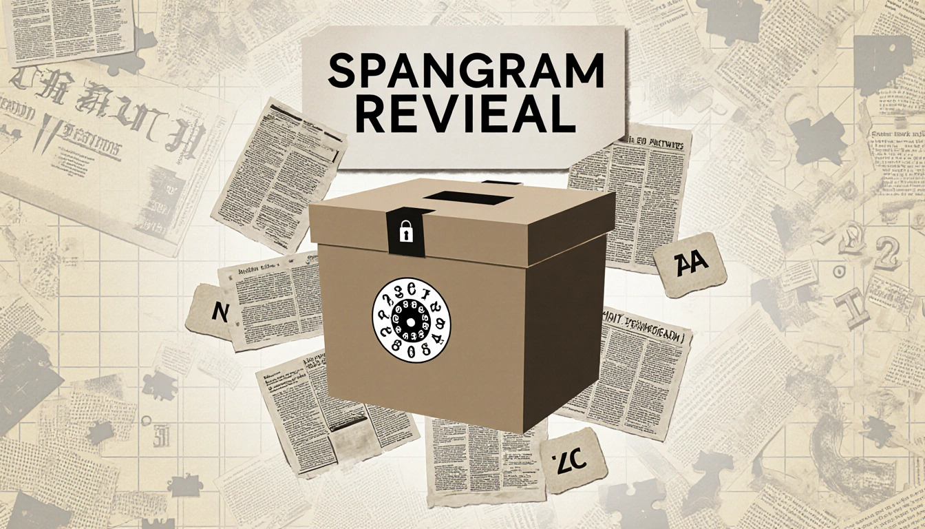 Puzzle box displaying Spangram Reveal sign above it with combination lock and newspaper clippings evoking mystery background