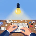 Person solving a puzzle with bright light bulb glow and scattered Wordle pieces on a wooden desk